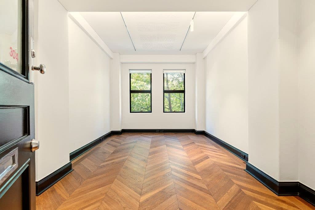 An office with windows looking onto green tree canopy